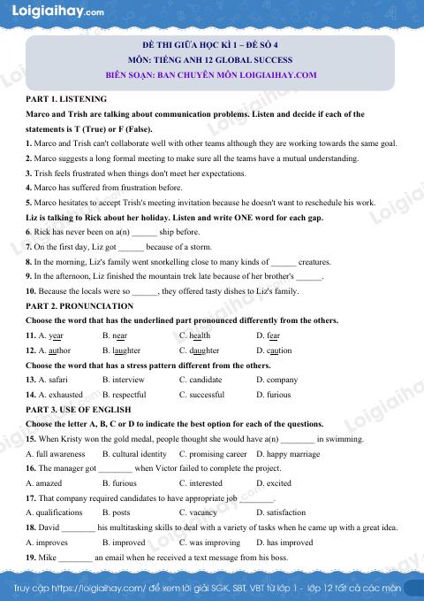 Đề thi giữa kì 1 Tiếng Anh 12 Global Success - Đề số 4
